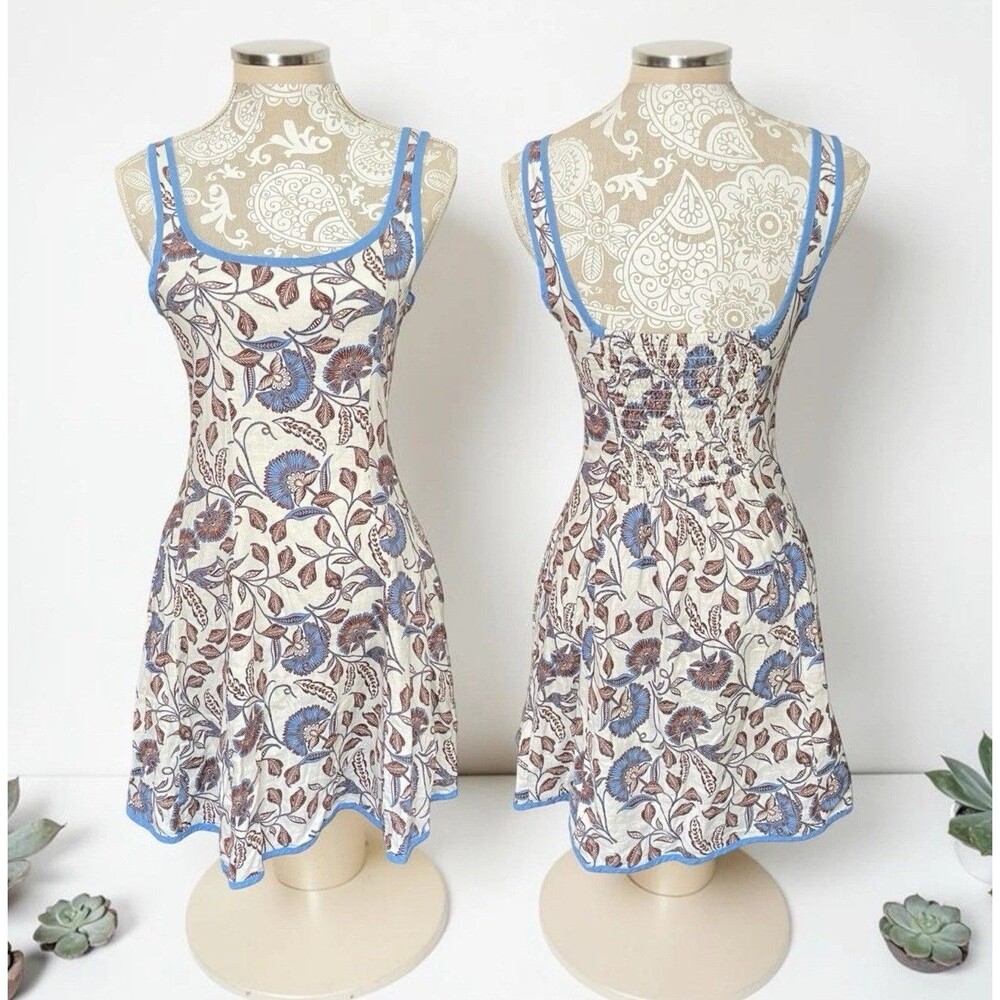 Rachel Zoe Linen Blend Floral Dress 2 Small Blue Brown Mini Pockets Euro Summer